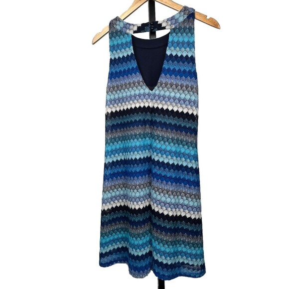Roxberi Dress Large Crochet Zig Zag Blue Knit V Back Trapeze Shift Knee Length - Picture 3 of 7